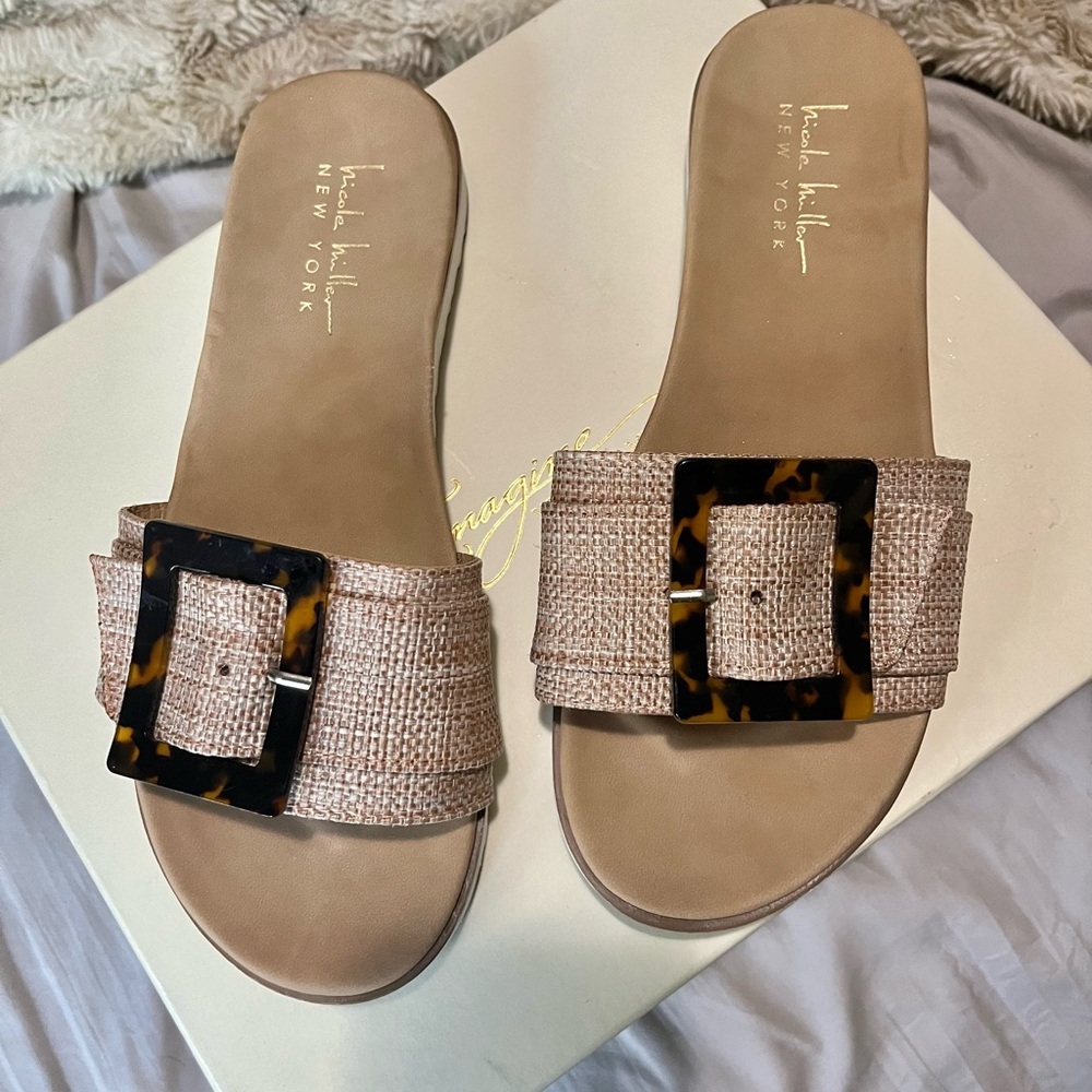 Nicole Miller Tan Slide Sandals with Textured Strap